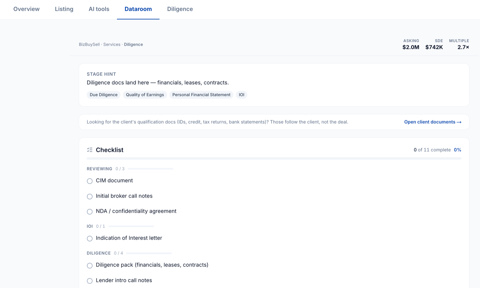 Secure data room with diligence checklist