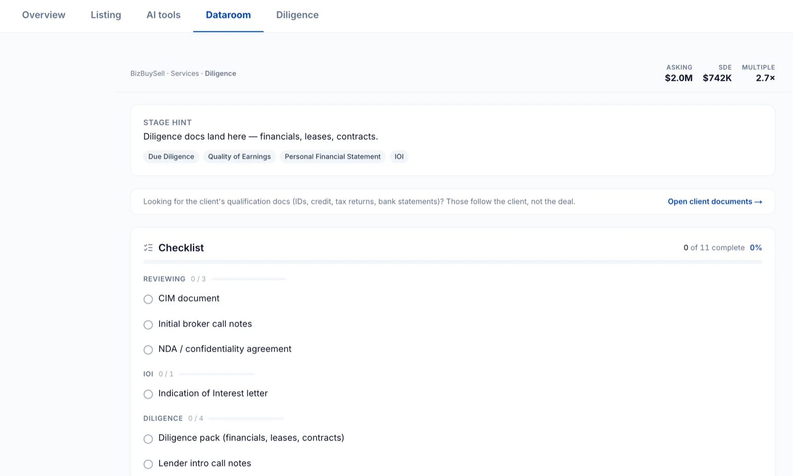 Secure data room with diligence checklist